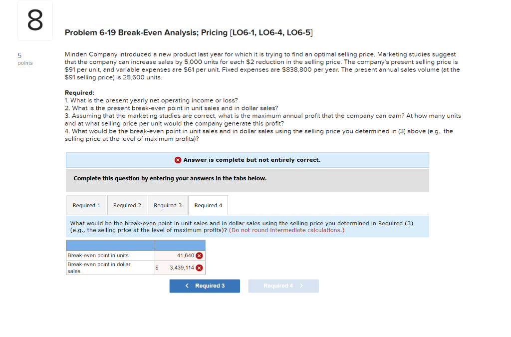 Break-Even Analysis; Pricing (LO6-1, LO6-4, LO6-5] Points 5 points Minden Company introduced
