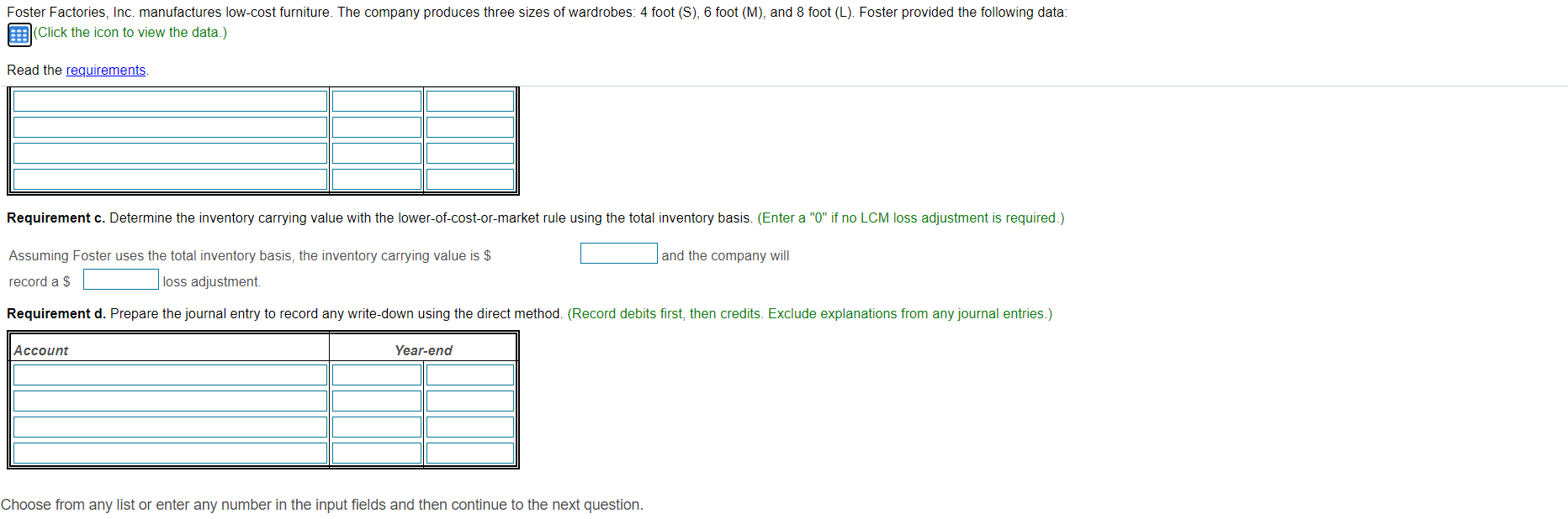 the Market per Unit. Foster Factories, Inc. manufactures low-cost furniture. The company