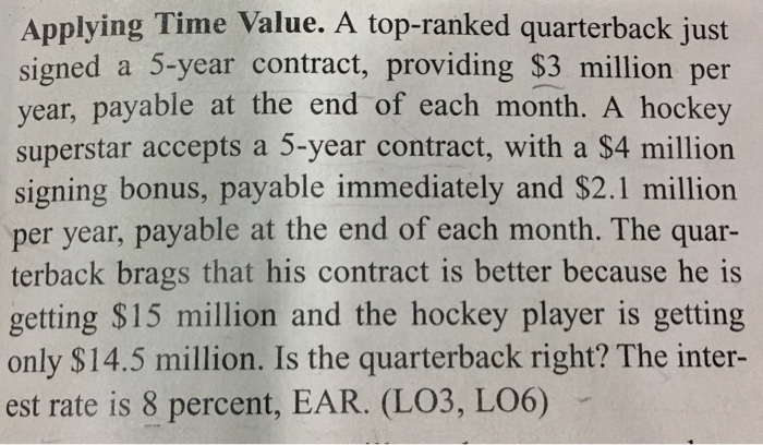  Applying Time Value. A top-ranked quarterback just signed a 5-year contract,