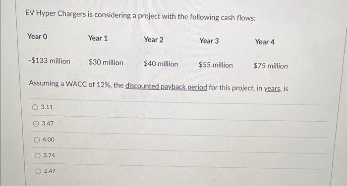 4 EV Hyper Chargers is considering a project with the following cash