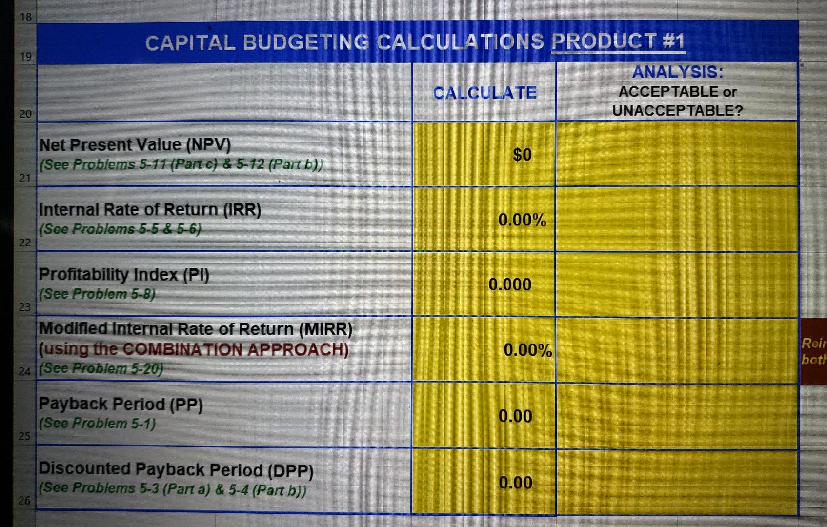 and capital budgeting calculations product #1. NOTE: Cells shaded in YELLOW are