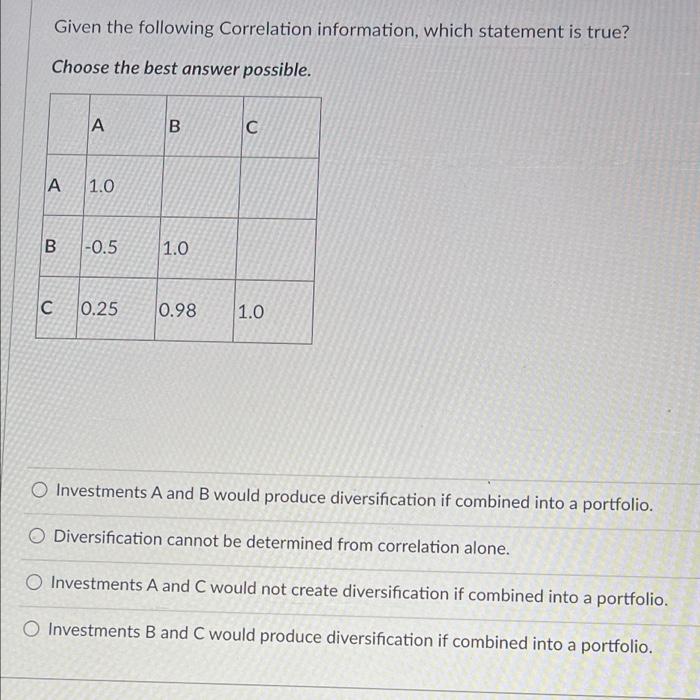  Given the following Correlation information, which statement is true? Choose the