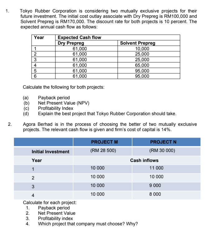 1. Tokyo Rubber Corporation is considering two mutually exclusive projects for