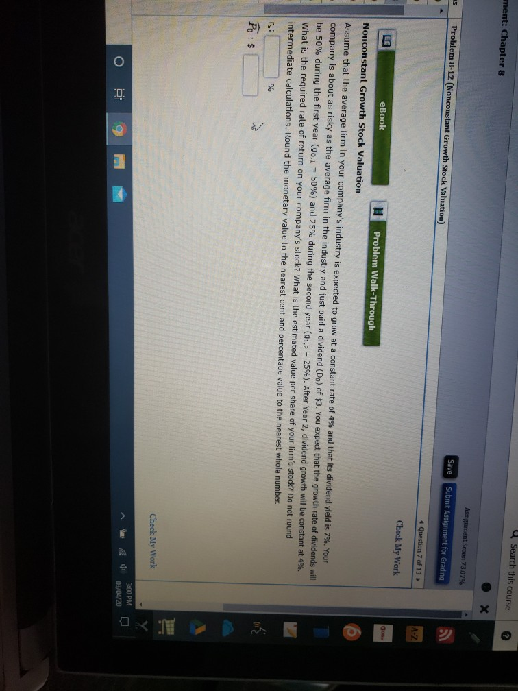Search this course ment: Chapter 8 Assignment Score: 73.07% s Problem