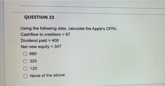  QUESTION 23 Using the following data, calculate the Apple's CFFA: Cashflow