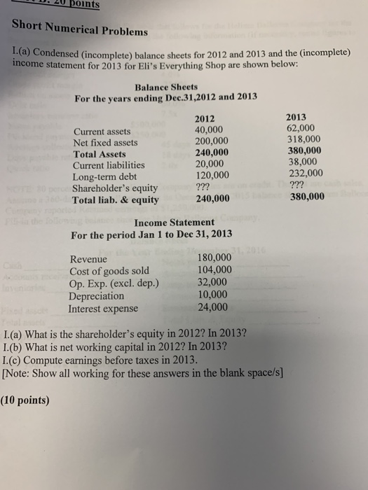  10. 20 points Short Numerical Problems a) Condensed (incomplete) balance sheets