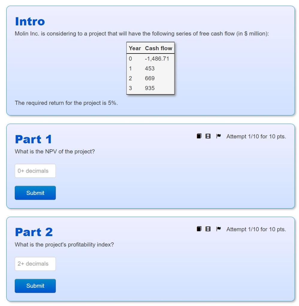  Intro Molin Inc. is considering to a project that will have