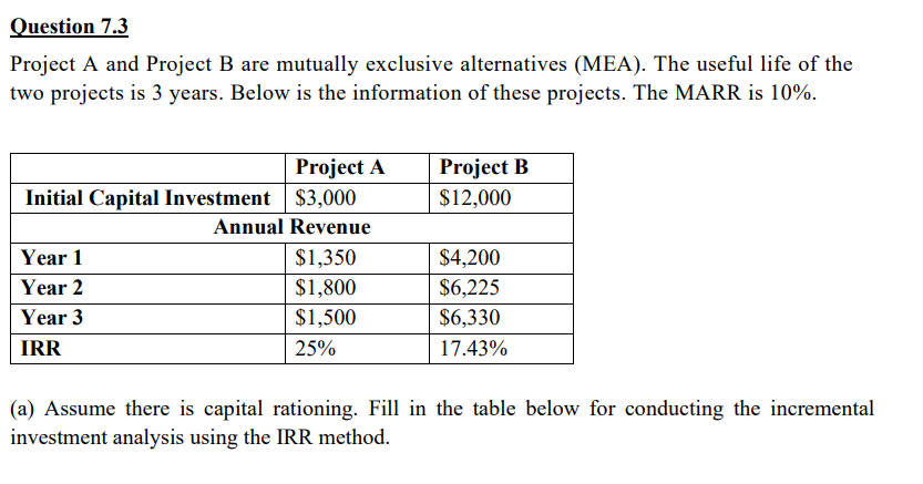  Project A and Project B are mutually exclusive alternatives (MEA). The