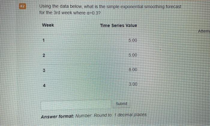  2 Using the data below, what is the simple exponential smoothing
