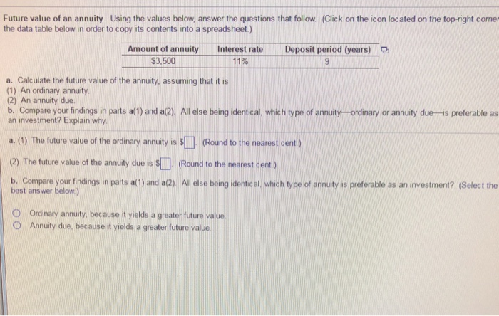  Future value of an annuity Using the values below, answer the