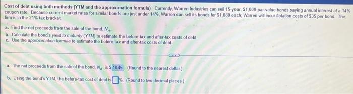 Cost of debt using both methods (YTM and the approximation formula)