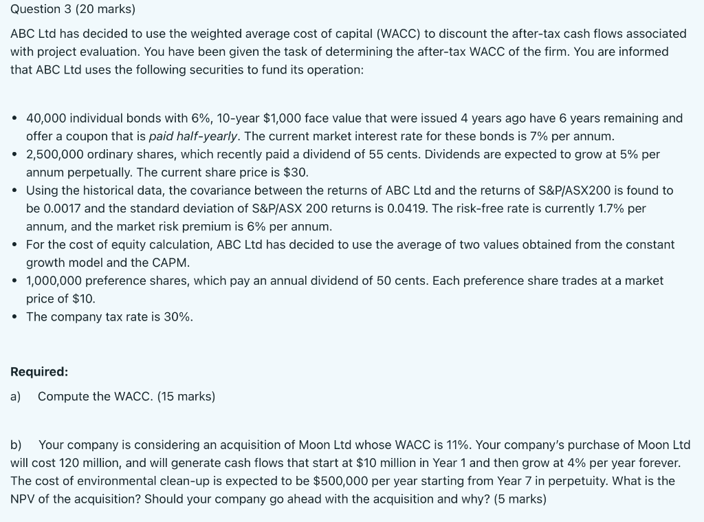  Hand written Answer please Question 3 (20 marks) ABC Ltd has