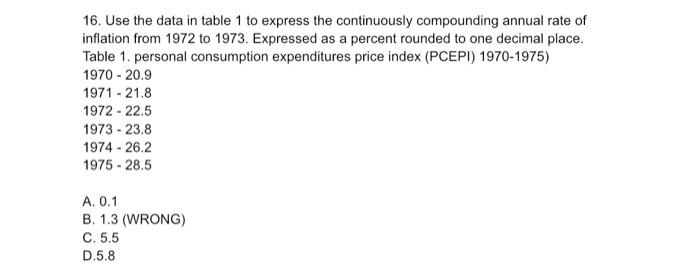  16. Use the data in table 1 to express the continuously