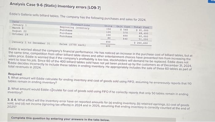  Analysis Case 9.6 (Static) Inventory errors [LO9-7] Eddie's Galleria sells billiard