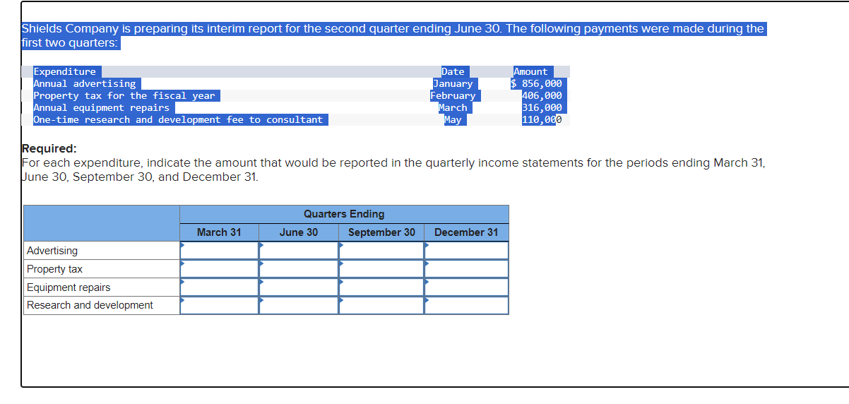 Shields Company is preparing its interim report for the second quarter
