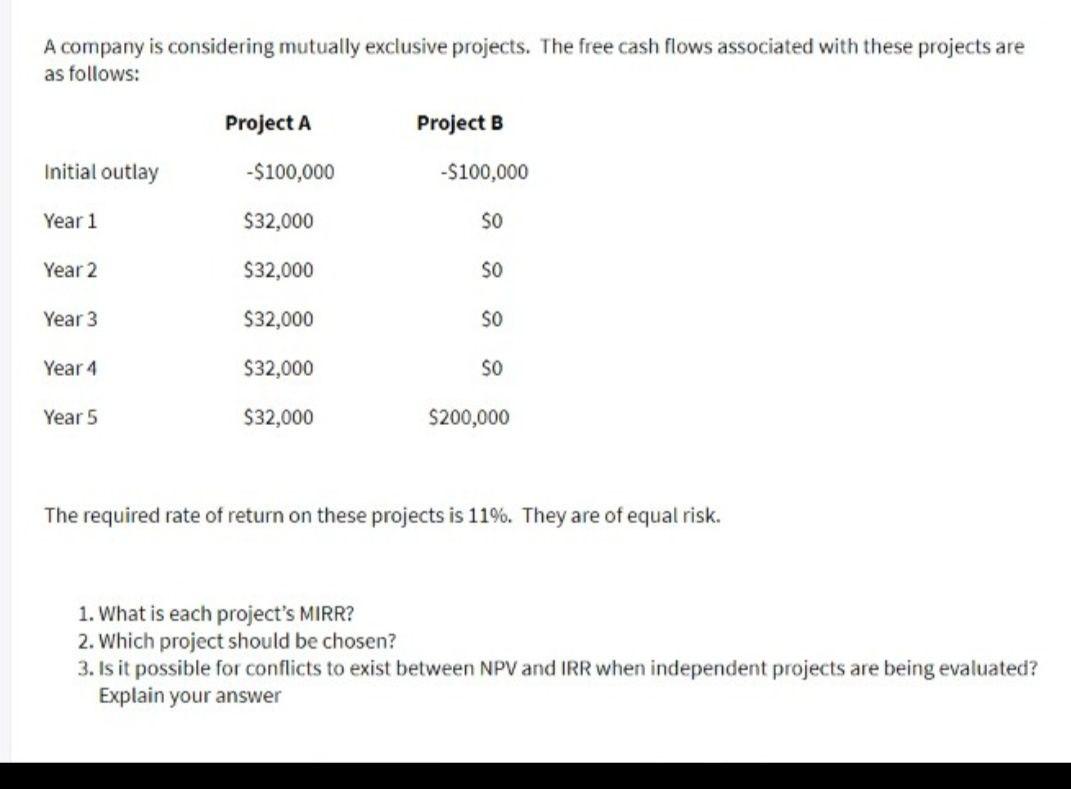 Us excel A company is considering mutually exclusive projects. The free cash