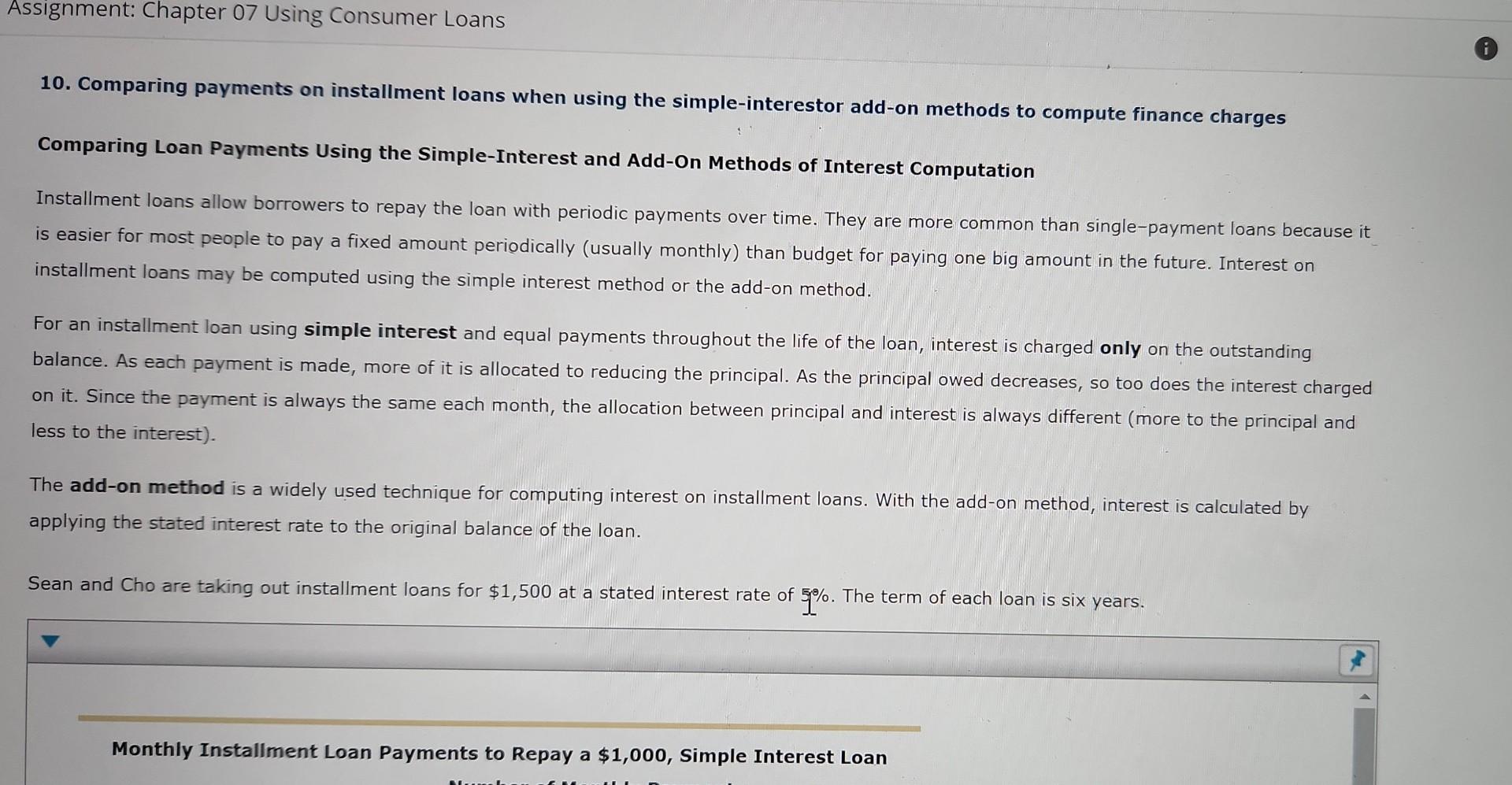  10. Comparing payments on installment loans when using the simple-interestor add-on