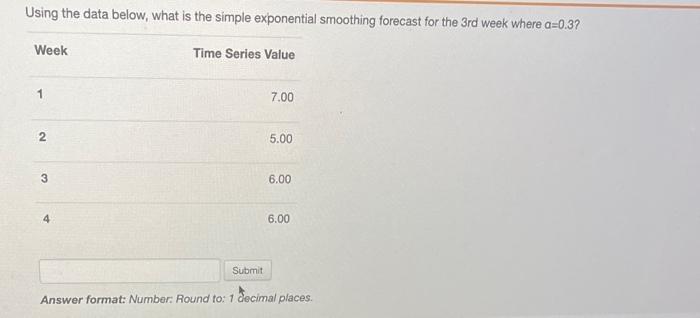  Using the data below, what is the simple exponential smoothing forecast