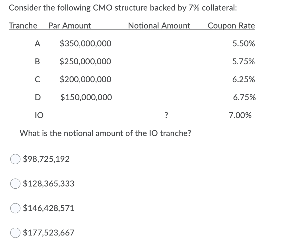 Consider the following CMO structure backed by 7% collateral: Tranche Par
