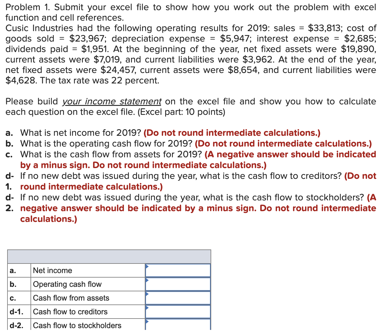  Problem 1. Submit your excel tile to show how you work