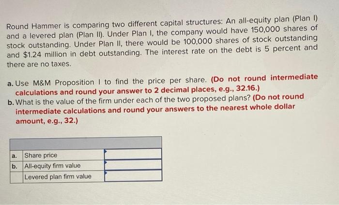 can you help please Round Hammer is comparing two different capital structures: