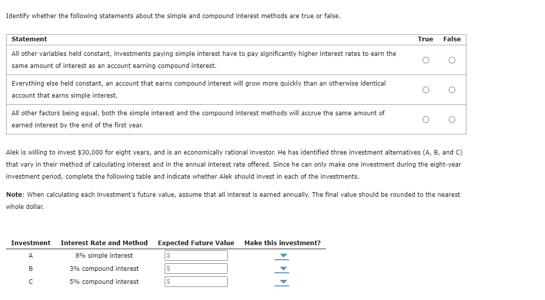 Identify whether the following statements about the simple and compound interest
