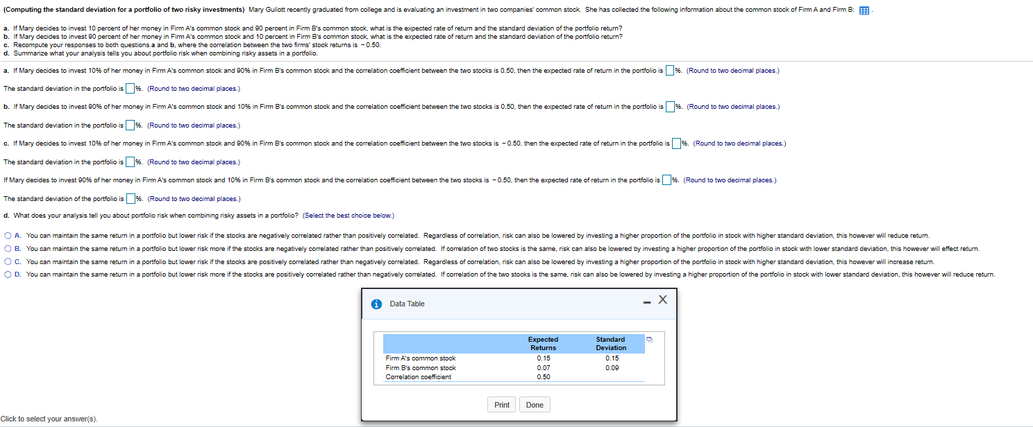  (Computing the standard deviation for a portfolio of two risky investments)