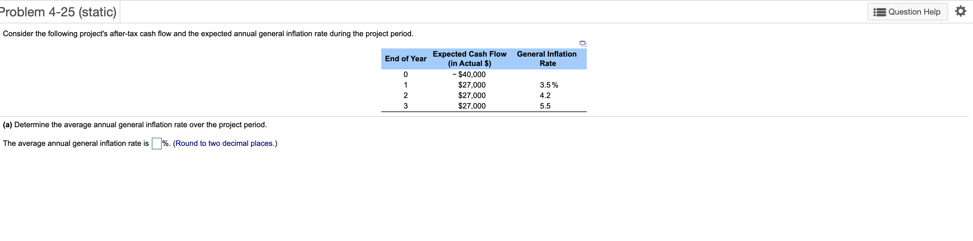 Problem 4-25 (static) Question Help Consider the following project's after-tax cash