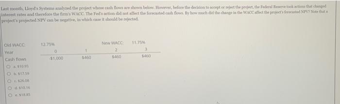  Last month, Lloyd's Systems analyzed the project whose cash flows are