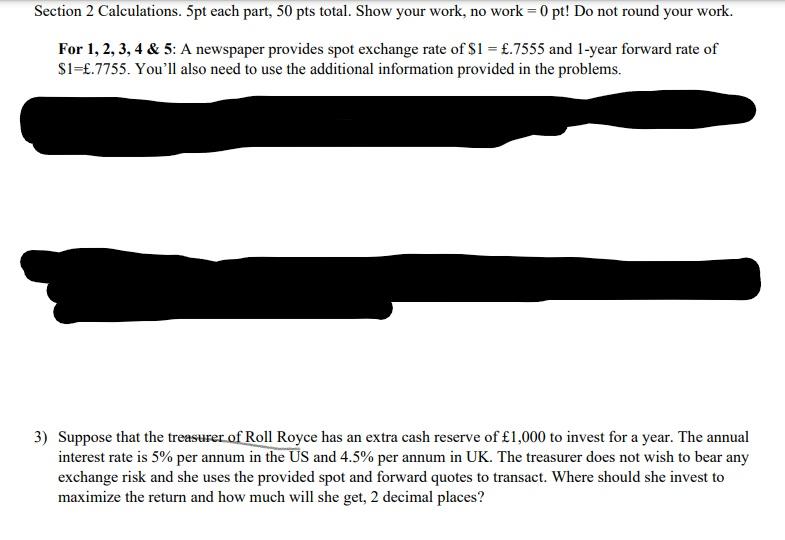 Section 2 Calculations. Spt each part, 50 pts total. Show your