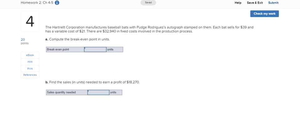  Homework 2: Ch 4-5 6 Help Save & Exit Submit Check