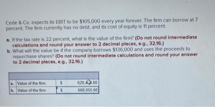  Cede \& Co. expects its EBIT to be $105,000 every year