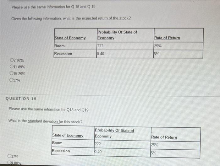  Please use the same information for Q 18 and Q 19