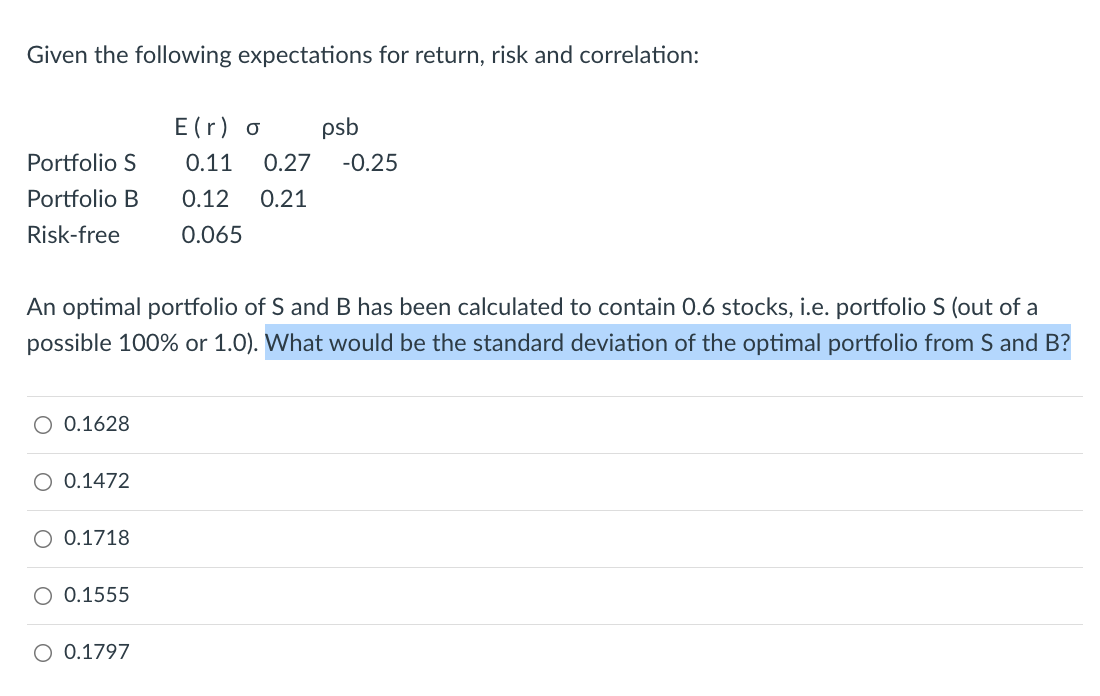 TWO PART QUESTION Part 2 -- The Optimal Portfolio -- a. is