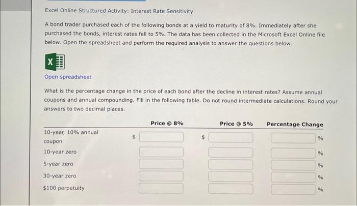  Excel Online Structured Activity: Interest Rate Sensitivity A bond trader purchased
