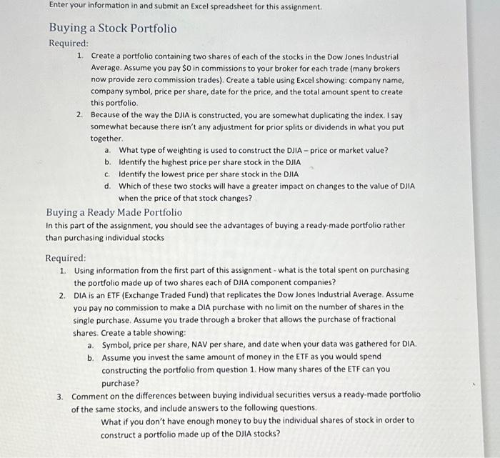 do in excel Buying a Stock Portfolio Required: 1. Create a portfolio