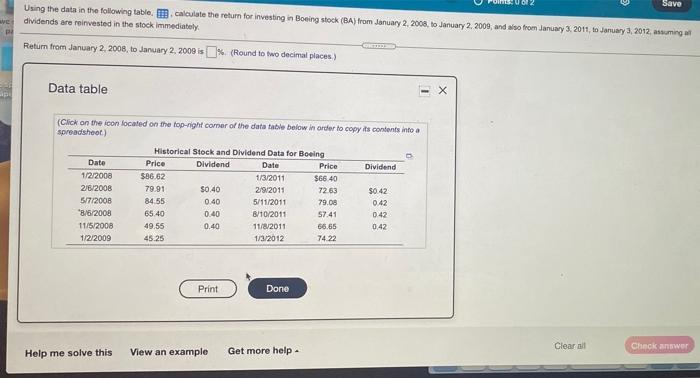  Save Using the data in the following table calculate the return