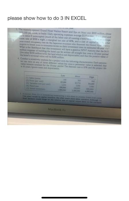  please show how to do 3 IN EXCEL ithe hotef le