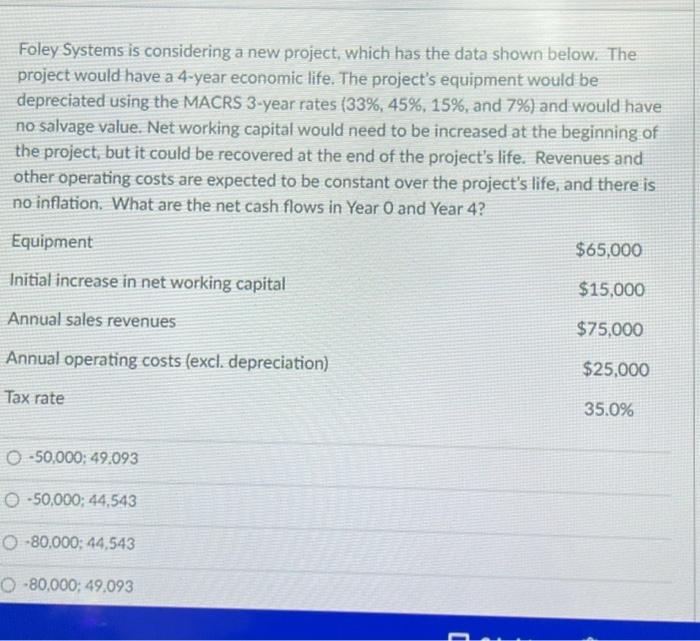  Foley Systems is considering a new project, which has the data