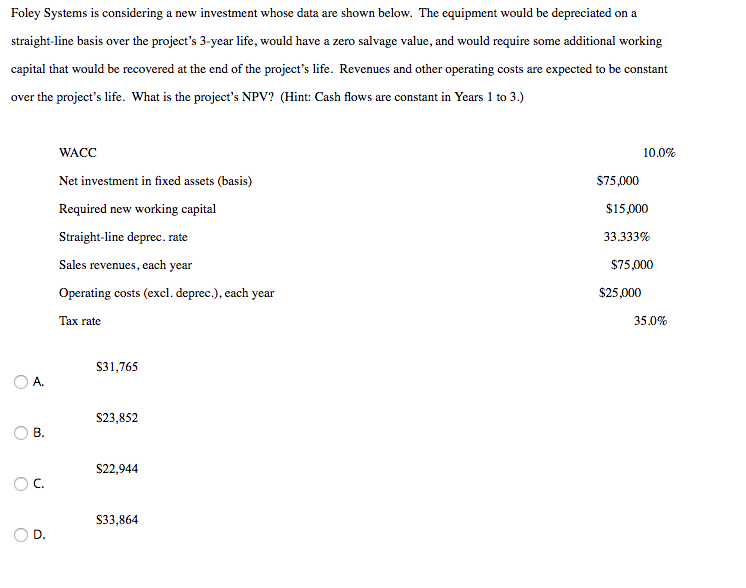  Foley Systems is considering a new investment whose data are shown
