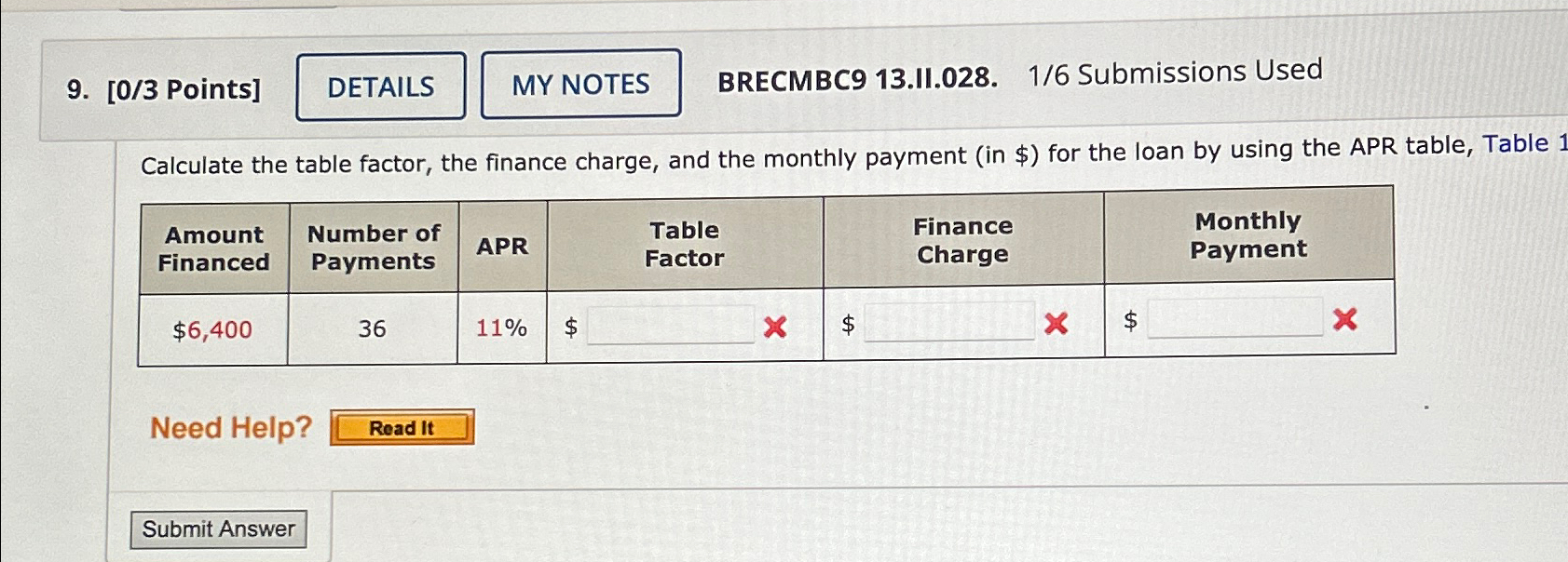  [0/3 Points] BRECMBC913.II.028.1/6 Submissions Used Calculate the table factor, the finance