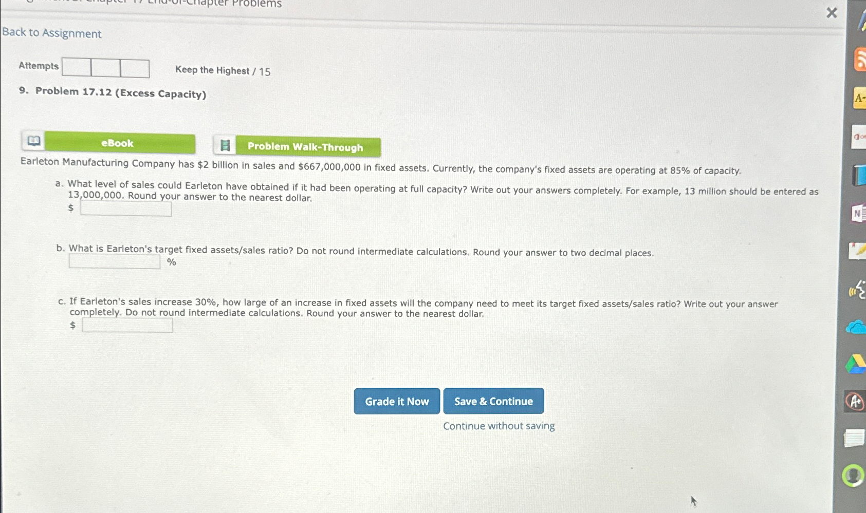  Back to Assignment Attempt Keep the Highest /15 9. Problem 17.12(Excess