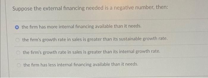  Suppose the external financing needed is a negative number, then: the