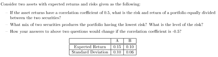  Consider two assets with expected returns and risks given as the
