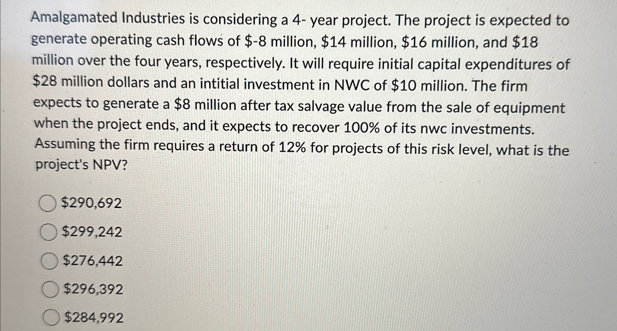  Amalgamated Industries is considering a 4- year project. The project is