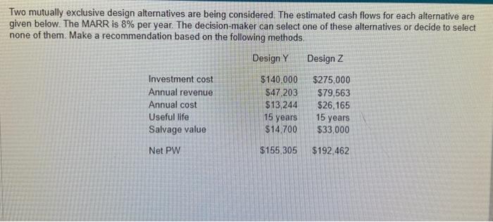 Two mutually exclusive design alternatives are being considered. The estimated cash