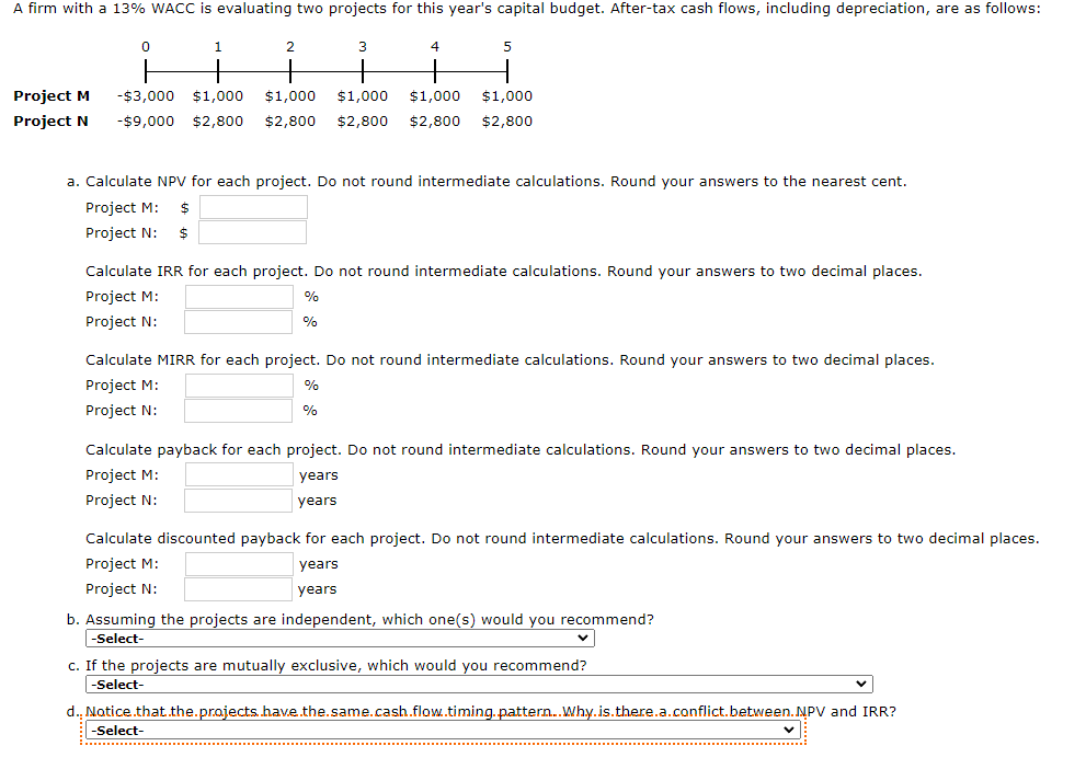 A firm with a 13% WACC is evaluating two projects for