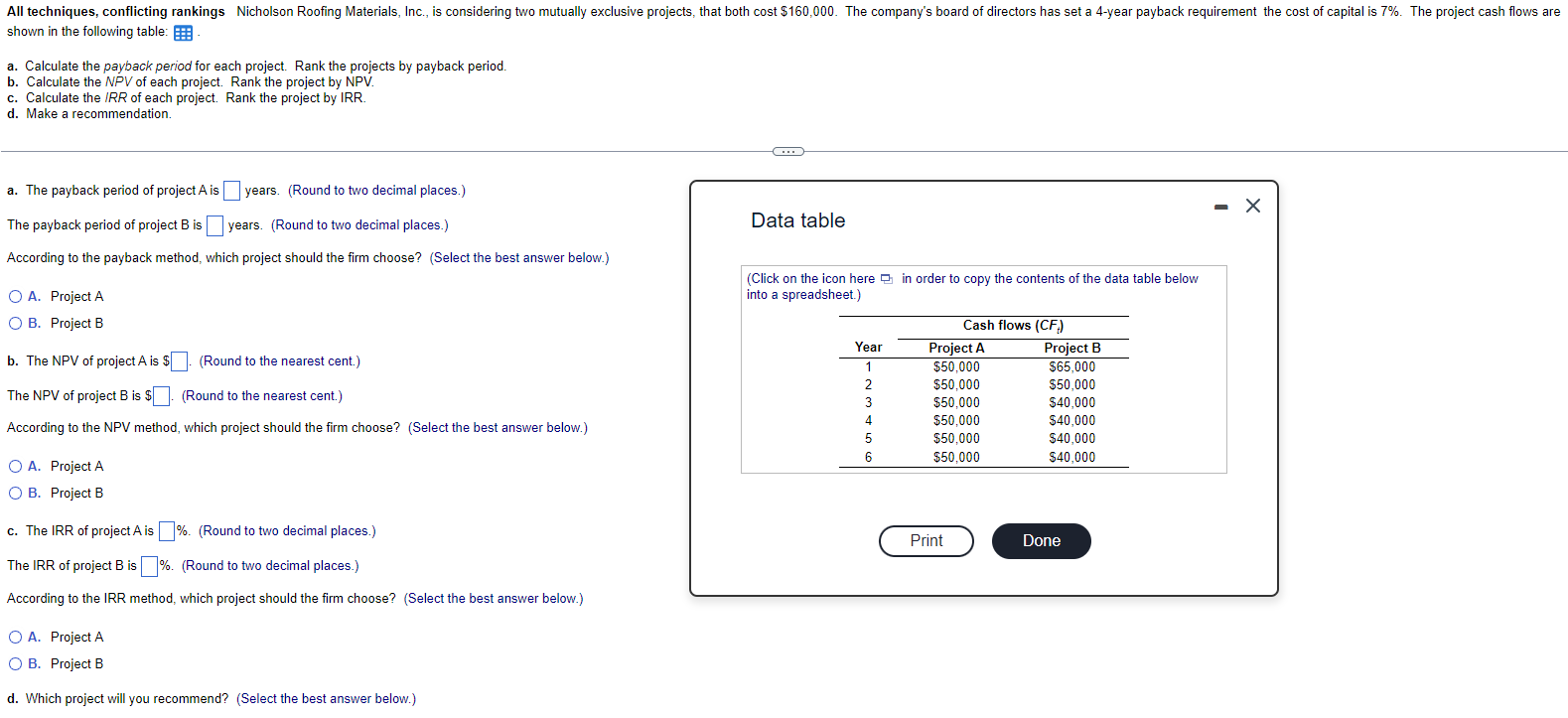  d. Make a recommendation. a. The payback period of project A