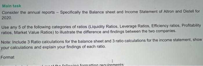  Main task Consider the annual reports - Specifically the Balance sheet