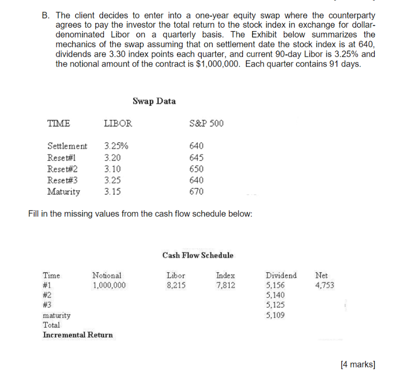 B. The client decides to enter into a one-year equity swap